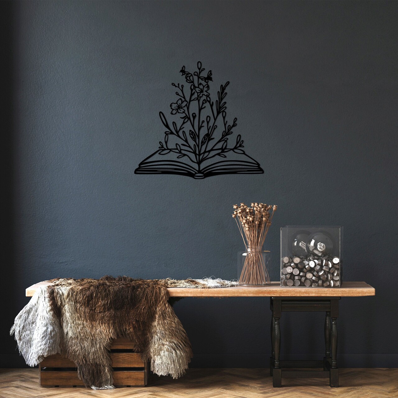 Decoratiune de perete, Flower In Book, Dimensiune: 64 x 70 cm, Negru - imagine 6